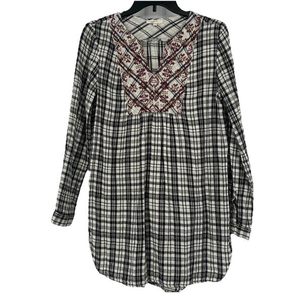 Mystree Boho Tunic Top Black White Plaid Embroidered Long Sleeve Size S - Picture 1 of 11